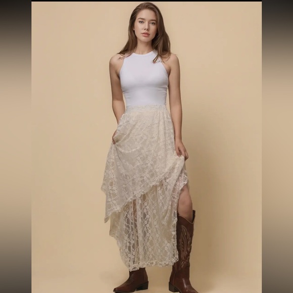 Sweet Kama Dresses & Skirts - 241. Floral lace layered maxi skirt in creamy white